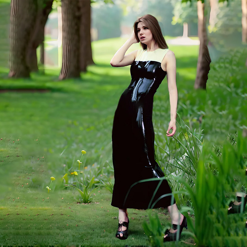 The Black Strapless Latex Gown with Beige Accent: Elegance Redefined