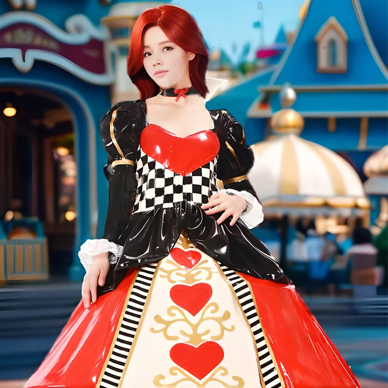 Glamorous Retro-style Latex Dress: The Dramatic Collision of Heart-shaped Neckline and Playing Card Elements, from Puff Sleeves to Oversized Skirt