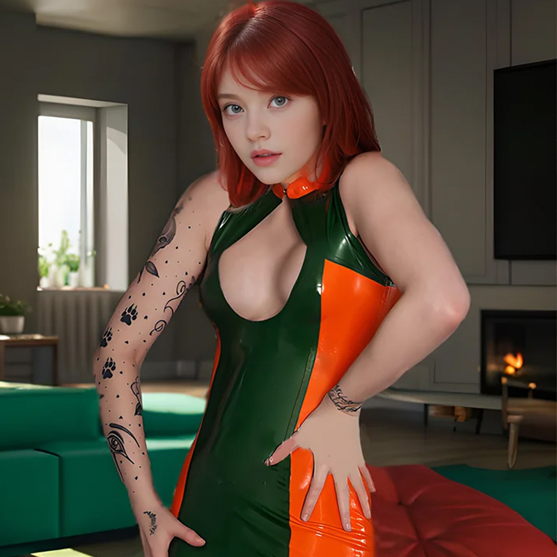 Green-Orange Color-block Latex Dress: High Collar Hollow Design and Bodycon Tailoring, Interpreting the Extreme Collision of Dynamic Personality and Avant-garde Fashion